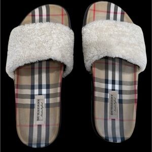 Burberry cream colored Shearling Check  Slides
 size 39